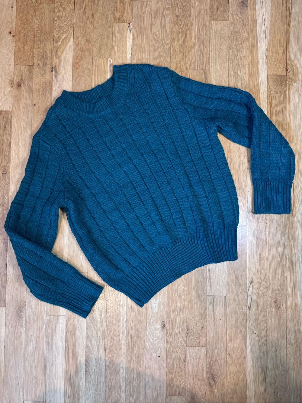 American Eagle Teal Green Grid Textured Waffle Knit Crewneck Sweater Size L
